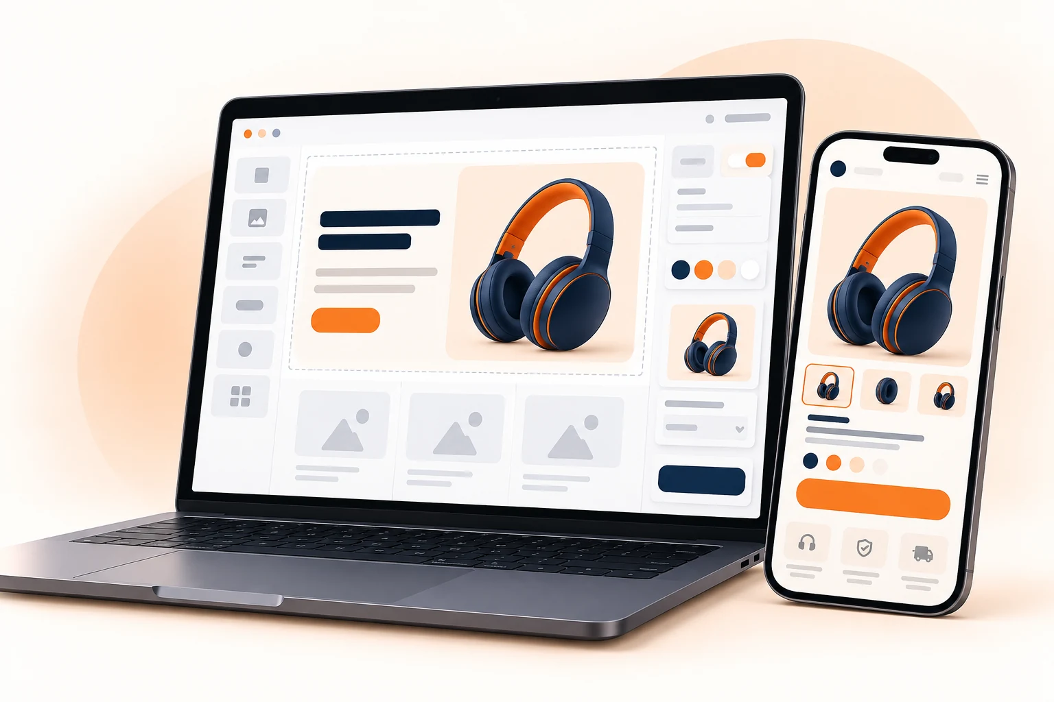 A product landing page builder preview with a mobile page for wireless headphones